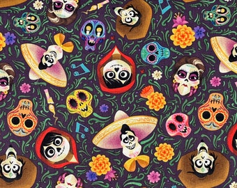 May include: A colorful fabric with a repeating pattern of skeletons, flowers, and characters from the movie Coco. The characters are wearing sombreros and traditional Mexican clothing. The fabric is perfect for crafting projects, quilting, or making clothing.