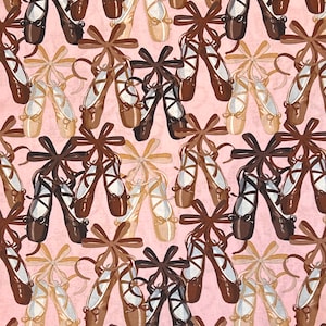 Ballet Dance Shoes Fabric By Half Yard, Fat Quarter, Ballerina Toe Shoes Cotton Fabric, 1/2 Yards are Continuous