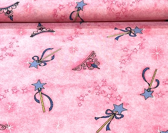Princess Wands & Crowns Glitter on Pink 100% Cotton Fabric | Fat Quarter, Half Yard