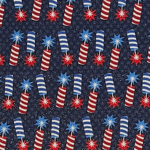 May include: A navy blue fabric with a repeating pattern of red, white, and blue fireworks. The fireworks are stylized and have a retro look.