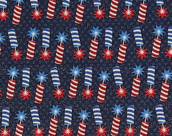 Firecrackers Glitter Patriotic 100% Cotton Fabric | Fat Quarter, Half Yard