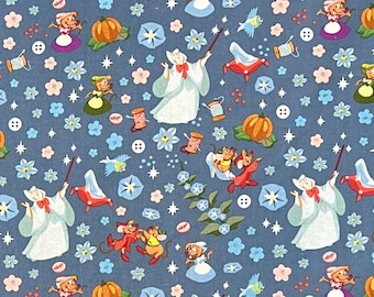 Cinderella Friends Fabric By Half Yard, Fat Quarter, Fairy Godmother Mice Cotton Fabric, 1/2 Yards are Continuous