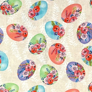 Flower Easter Eggs Fabric By Half Yard, Fat Quarter, Easter Floral Cotton Fabric
