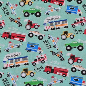 Cars Trains Fabric By Half Yard, Fat Quarter, Beep Honk Vroom Firetruck Police Tractor Cotton Fabric, 1/2 Yards are Continuous