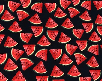 Watermelon Fruit Slices on Black 100% Cotton Fabric | Fat Quarter, Half Yard