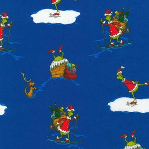 Grinch Snow Skiing Christmas 100% Cotton Fabric | Fat Quarter, Half Yard