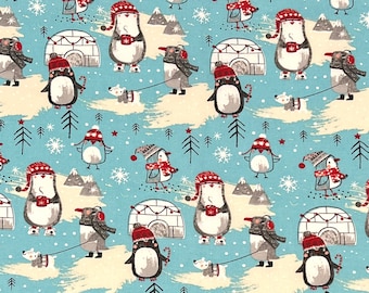 Winter Penguins Christmas 100% Cotton Fabric | Fat Quarter, Half Yard