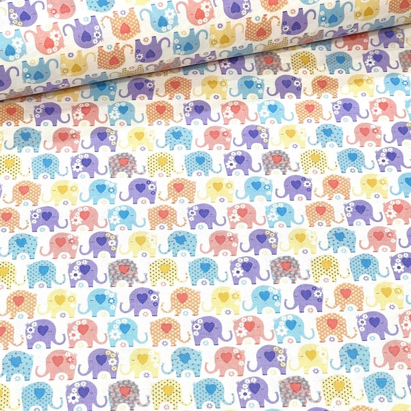 Mini Elephant Heart Nursery Fabric By Half Yard, Fat Quarter, Colorful Elephants Cotton Fabric, 1/2 Yards are Continuous