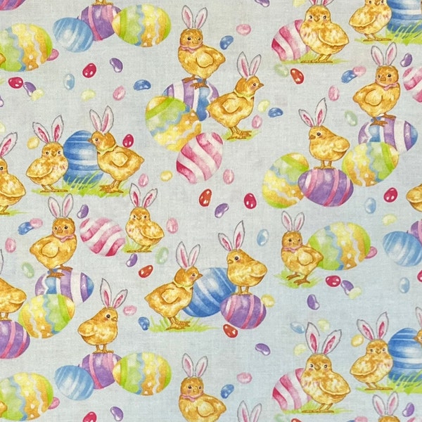 Easter Egg Hunt Fabric By Half Yard, Fat Quarter, Easter Chicks Jelly Beans Cotton Fabric, 1/2 Yards are Continuous