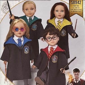 May include: A sewing pattern for making Harry Potter themed outfits for 18-inch dolls. The pattern includes four different outfits: Gryffindor, Slytherin, Ravenclaw, and Hufflepuff. The pattern is printed on a white background with a picture of the four dolls wearing the outfits.