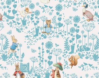 May include: A repeating pattern featuring illustrations of various animals, including rabbits, hedgehogs, and ducks, set against a backdrop of light blue floral and garden elements. The design has a whimsical, storybook aesthetic, with a soft color palette.