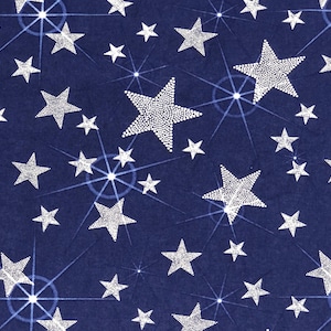 May include: A navy blue fabric with a repeating pattern of silver glitter stars. The stars are of various sizes and have a sparkly, textured appearance.