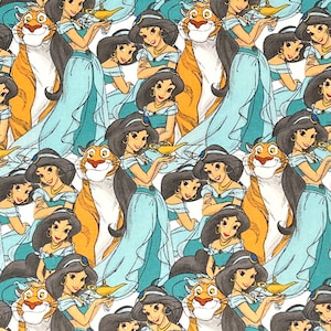 Princess Jasmine Rajah Fabric By Half Yard, Fat Quarter, Jasmine Packed Cotton Fabric, 1/2 Yards are Continuous