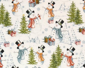 Snowman Cardinals Christmas Tree Winter Scene 100% Cotton Fabric | Fat Quarter, Half Yard