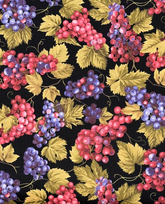 Wine Grapes on Black 100% Cotton Fabric Fat Quarter, Half Yard