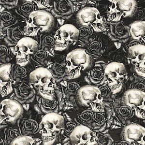 Skulls N Roses Fabric By Half Yard, Fat Quarter, Halloween Skeleton Cotton Fabric, 1/2 Yards are Continuous