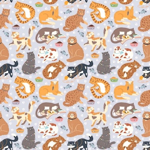 May include: A seamless pattern featuring a variety of cats in different poses and activities. The cats are depicted in various colors, including brown, orange, gray, and white. They are engaged in activities such as reading, playing with yarn, and napping. The background is a light purple with white paw prints.
