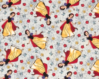 May include: A repeating pattern featuring Snow White in a yellow dress and red cape. The design includes red apples, yellow flowers, and blue birds on a light blue background.