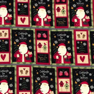 May include: A red, green, and black fabric with a repeating pattern of Santa Claus, gingerbread men, and Christmas trees. The fabric also features the text "Celebrate the Season" and "Peace on Earth".