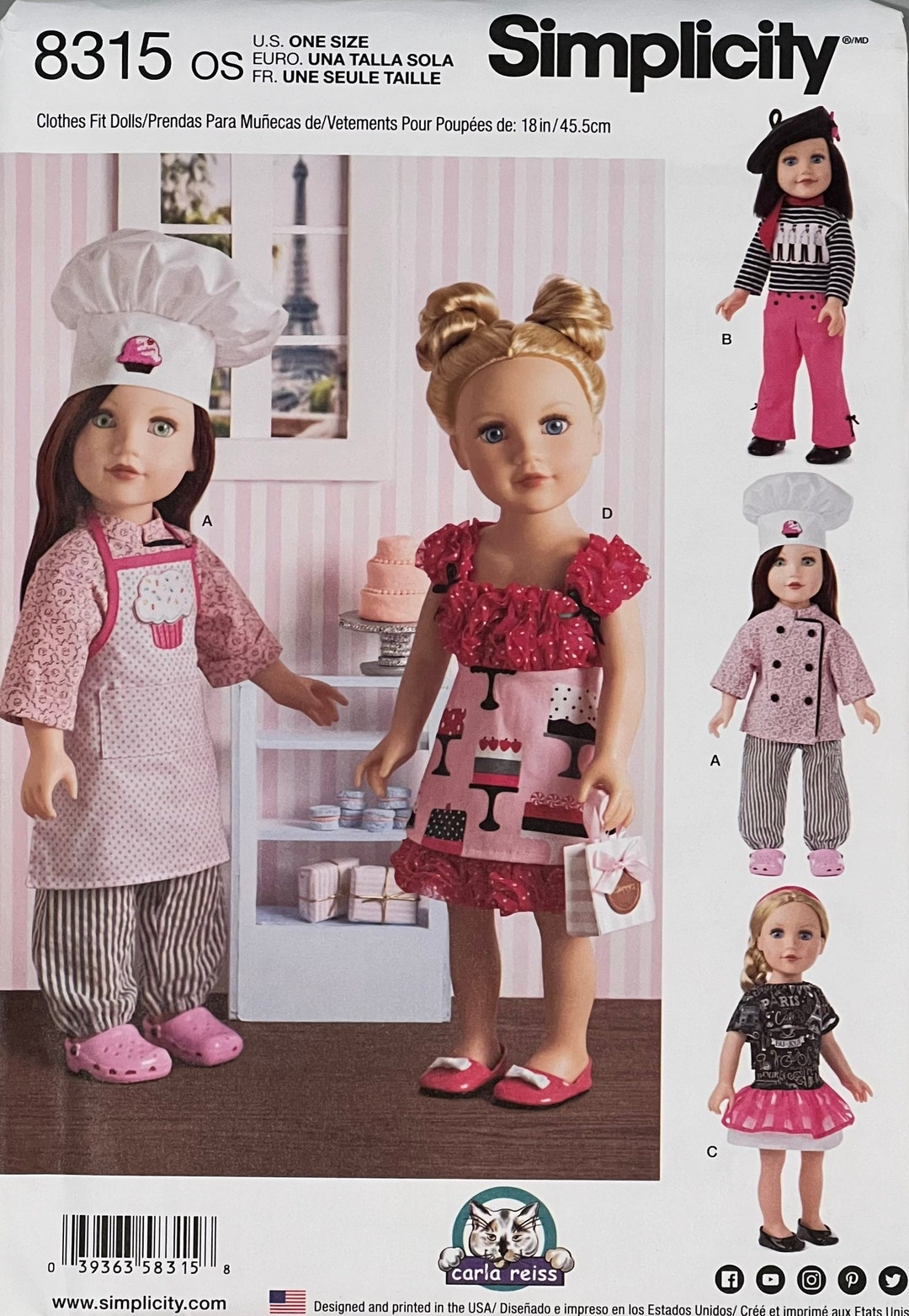 Doll Apron Sewing Pattern, 18 Doll Size Clothes Chef Hat Outfit, Paris