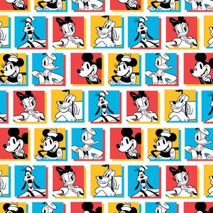 May include: A repeating pattern featuring cartoon characters Mickey Mouse, Minnie Mouse, Donald Duck, Daisy Duck, and Goofy. Each character is set within a square of red, yellow, or blue. The characters are in black and white.
