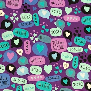 Love Hearts Notes Fabric By Half Yard, Fat Quarter, Valentines Day #Messages Cotton Fabric, 1/2 Yards are Continuous