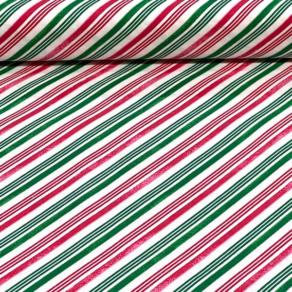 Candy Cane Stripes Fabric By Half Yard, END Of BOLT, Fat Quarter, Red Green Stripe Christmas Cotton Fabric, 1/2 Yards are Continuous