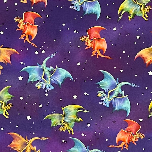 Dragons and Stars Fabric By Half Yard, Fat Quarter, Colorful Dragon Animal Cotton Fabric, 1/2 Yards are Continuous