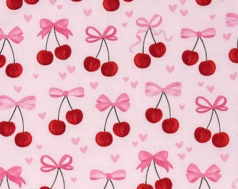 Remnant 14" | Cherries Ribbon Bows & Hearts Valentine's Day 100% Cotton Fabric