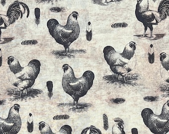 French Rooster Chickens Stencil 100% Cotton Fabric | Fat Quarter, Half Yard