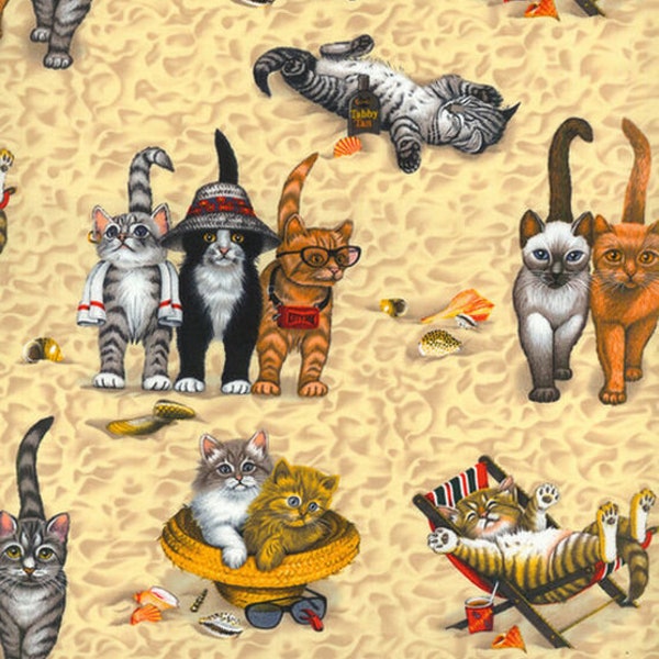 Kittens at the Beach Fabric By Half Yard, Fat Quarter, Cats Playing Sand Cotton Fabric, 1/2 Yards are Continuous