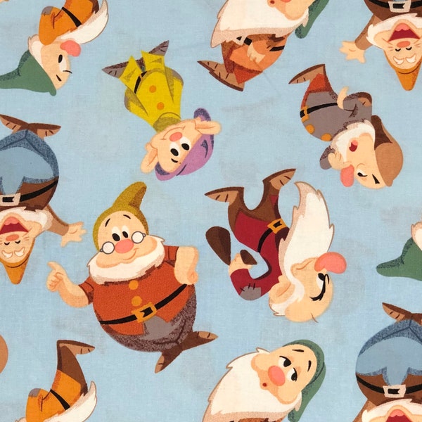 Snow White Dwarf Toss Fabric By Half Yard, Fat Quarter, 7 Dwarves Grumpy Dopey Doc Cotton Fabric, 1/2 Yards are Continuous