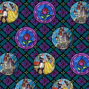 May include: A repeating pattern of stained glass circles featuring scenes from the Disney movie Beauty and the Beast. The scenes include Belle and the Beast dancing, the Beast's castle, and a single red rose.