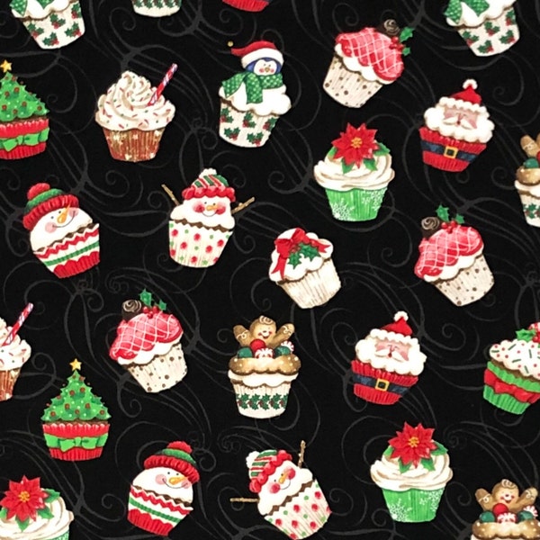 Christmas Cupcakes Fabric By Half Yard, Fat Quarter, Santa Penguin Gingerbread Cupcake Cotton Fabric, 1/2 Yards are Continuous