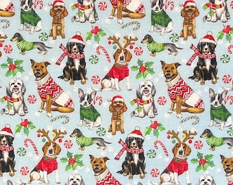 Christmas Dogs Santa Hats Peppermints 100% Cotton Fabric | Fat Quarter, Half Yard