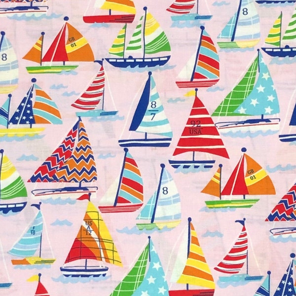 Sailboats Fabric END Of BOLT, By Half Yard, Fat Quarter, Sailing Boats Light Pink Cotton Fabric, 1/2 Yards are Continuous