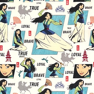 Princess Mulan Hero Fabric By Half Yard, Fat Quarter, Mulan Be Your Own Hero Cotton Fabric, 1/2 Yards are Continuous
