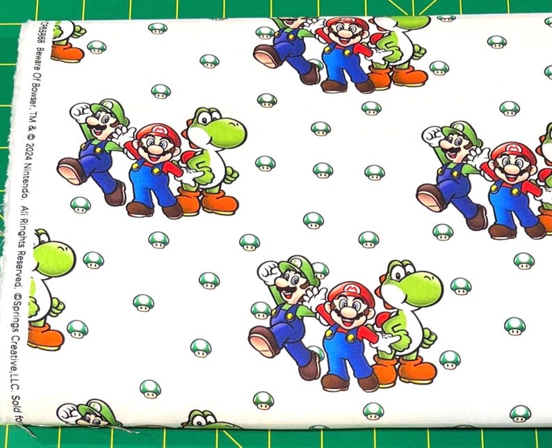 Nintendo Repeating Pattern Mario Luigi Yoshi Beware of Bowser 100% Cotton Fabric | Fat Quarter ...