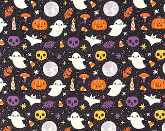 May include: Halloween-themed fabric with a repeating pattern of ghosts, pumpkins, moons, bats, skulls, stars, and candy corn on a dark speckled background. The design features orange, purple, yellow, and white elements.