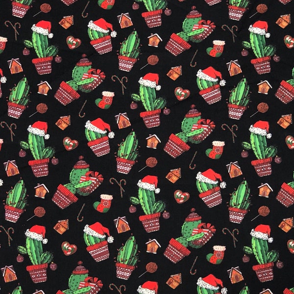 Cactus Desert Christmas Fabric By END Of BOLT, Half Yard, Fat Quarter, Cactus Santa Hat Cotton Fabric