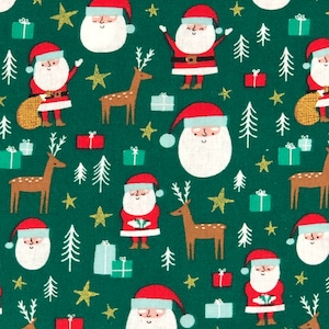 Happy Santa Reindeer Fabric By Half Yard, Fat Quarter, Santa Claus Christmas Cotton Fabric