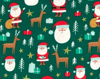 Happy Santa Reindeer Fabric By Half Yard, Fat Quarter, Santa Claus Christmas Cotton Fabric, 1/2 Yards are Continuous