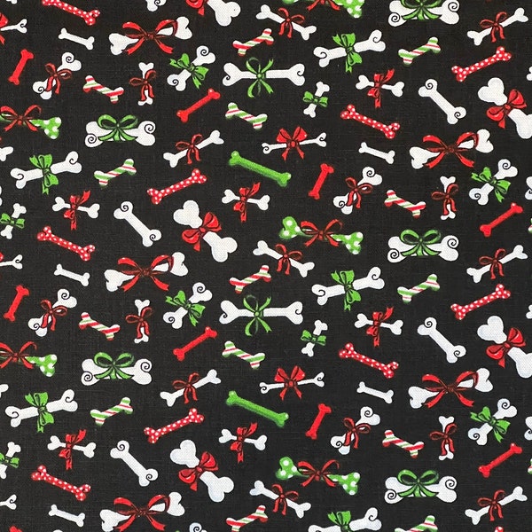 Dog Bones Christmas Fabric By Half Yard, Fat Quarter, Christmas Cotton Fabric, 1/2 Yards are Continuous