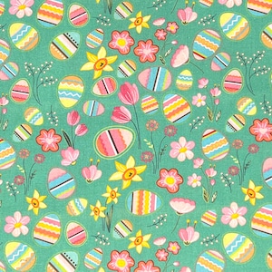 Colorful Eggs Flowers Fabric By Half Yard, Fat Quarter, Easter Eggs Floral Cotton Fabric