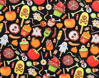 Candy Pumpkins Apples Monster Halloween 100% Cotton Fabric | Fat Quarter, Half Yard