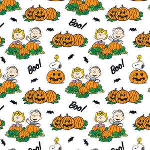 May include: A repeating pattern featuring Halloween-themed illustrations. The design includes orange jack-o'-lanterns, characters, and the word "Boo!" in black. Black bat silhouettes are scattered across the white background.