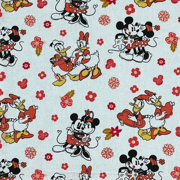 Mickey Mouse Friends Floral Fabric By Half Yard, Fat Quarter, Daisy Donald Duck Valentine’s Day Cotton Fabric, 1/2 Yards are Continuous