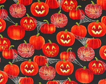 Pumpkin Faces & Silver Glitter Spiderwebs 100% Cotton Fabric | Fat Quarter, Half Yard