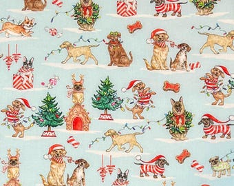 Christmas Puppy Tails Santa Reindeer 100% Cotton Fabric | Fat Quarter, Half Yard