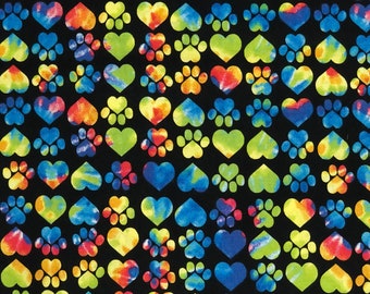 Hearts Dog Paws Fabric By Half Yard, Fat Quarter, Tie Dye Black Cotton Fabric, 1/2 Yards are Continuous